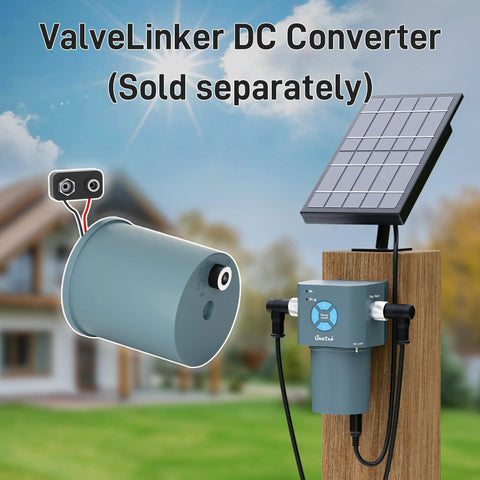 Four Zone Wireless Water Timer And Gateway System With Built In Valves And Flow Meters For Precise Garden Irrigation, No Fuss Zone Control, Remote Scheduling, And Smart Hose Timers. Solar panel and valve controller on post.