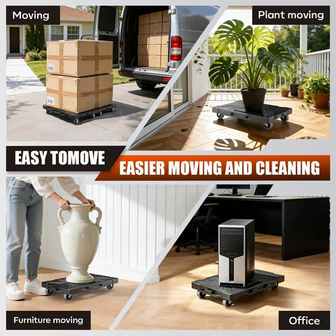 Heavy Duty Interlocking Furniture Dolly 2 Pack Slick Rolling Casters Designed For Moving Big Appliances And Overweight Loads Without Breaking A Sweat, with boxes, a plant, a vase, and a computer.