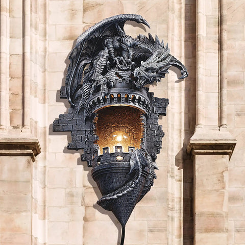 Dragon's Castle Lair Electric Wall Sconce Light Fixture, 15 Inch Polyresin Grey Stone, Dope Gothic Dragon Lighting for indoor decor.