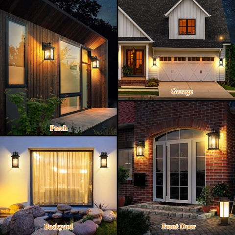 Motion Sensor Outdoor Wall Lantern With Dusk To Dawn Sensor on porch, garage, backyard, and front door at night.