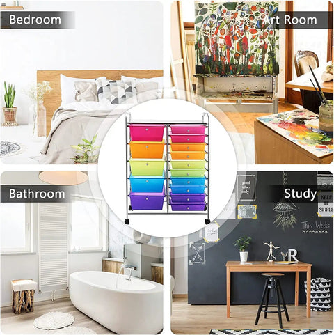15 Drawer Rolling Storage Cart With Lockable Wheels A Handy Multipurpose Rainbow Organizer in home and study settings