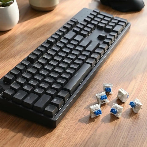 Blue 3-Pin Clicky Mechanical Keyboard Switches 50gf Actuation, Tactile And Audible Feedback, 30-Piece Bulk Pack For DIY Keyboards, Gaming, Typists, And Fidget Enthusiasts on a keyboard