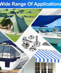 150 Pcs Stainless Steel Canvas Snap Button Kit With 2 Setting Tools For Boat Covers Marine Grade Heavy Duty Snaps And Fasteners For Fabric Furniture Leather, shown in different applications like boats, tents, and awnings.