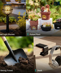 Collage of garden tools with a street light bracket, potted plant, gardening trowel in soil, and hook holding headphones.