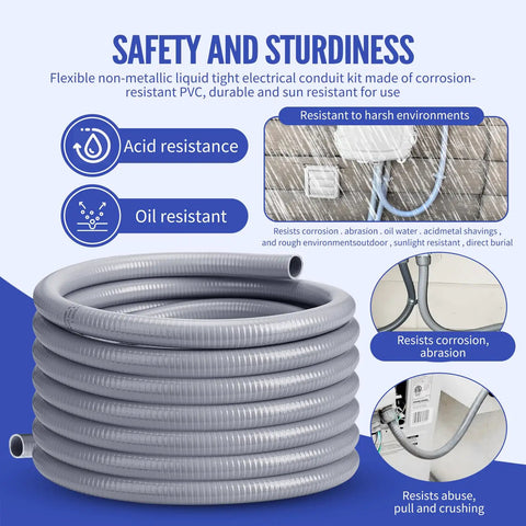 Liquid Tight Flex Conduit Kit One And One Quarter Inch Fifty Feet Non Metallic PVC Electrical Conduit With Five Straight And Three Ninety Degree Connector Fittings For No Fuss Install And Smooth Interior, showcasing durability features against harsh conditions.