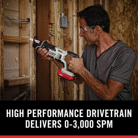 Man using Badass 20V Max Six Tool Cordless Combo Kit reciprocating saw for home repair, showcasing high performance and ease of use.