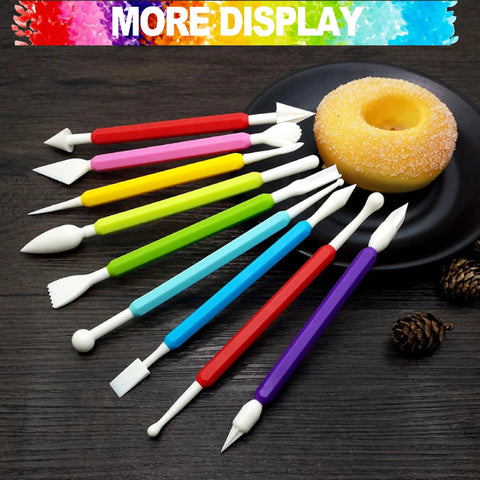 Colorful plastic sculpting tools from the Air Dry Clay Tool Set For Kids And Beginners beside a donut on a dark surface.