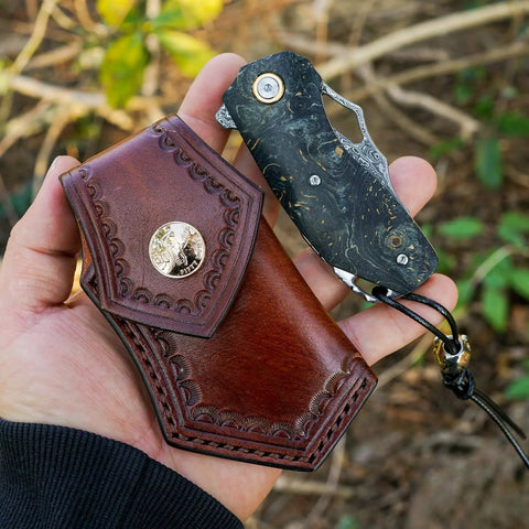 Damascus Steel Pocket Folding Knife With 2.45 Inch Razor Sharp Blade Handmade Craftsmanship Stabilized Wood Handles Cowhide Sheath EDC