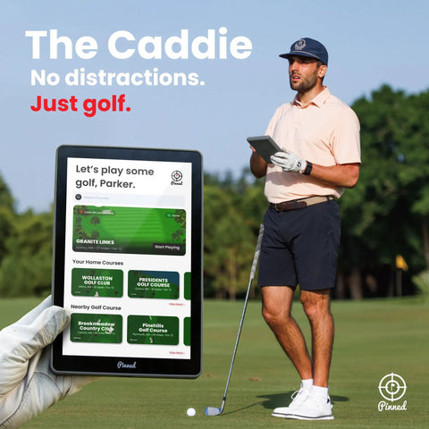 Portable Golf GPS Tablet The Caddie With 8 Inch Touchscreen And Magnetic Weatherproof Body FCB Distances 45000 Course Maps No Subscription Required The Ultimate Golf Caddy Gift For Men Gray shown on golf course with golfer holding tablet
