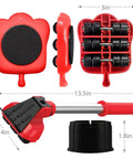 Heavy Duty Furniture Lifter With Four Sliders For Easy Moving, Appliance Roller For Sofas, Couches And Fridges, Adjustable Height, 660 Lbs Per Wheel, Red shown from different angles with size measurements