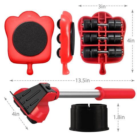 Heavy Duty Furniture Lifter With Four Sliders For Easy Moving, Appliance Roller For Sofas, Couches And Fridges, Adjustable Height, 660 Lbs Per Wheel, Red shown from different angles with size measurements
