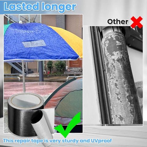 Heavy Duty Waterproof Repair Tape For Fabric Tents Awnings RV Roofs Tarps Boat Covers And Outdoor Gear UV Proof Tear Resistant Multipurpose Black Patch shown on a colorful tent and roll