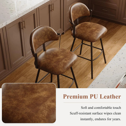 26 Inch Bar Stool Set Of 3 Modern Sleek Swivel Counter Height Chairs With Backrests And Metal Legs Faux Leather Upholstered Barstools For Kitchen Island And Dining Room, brown faux leather and metal design
