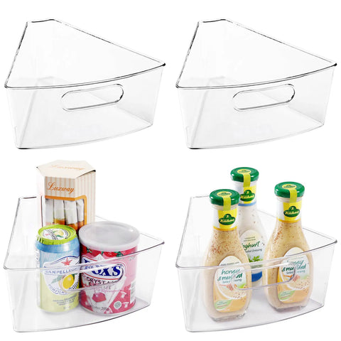 Lazy Susan Organizer Set Of Four Clear Plastic Kitchen Cabinet Storage Bins With Handles, holding condiments and cans
