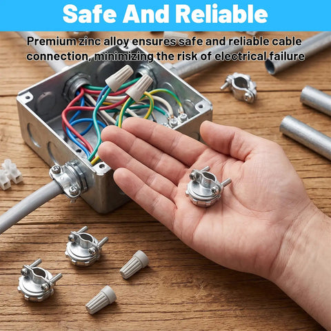 Heavy Duty Zinc Wire Clamps Bulk Pack Of Fifty Secure Electrical Box Connectors With Ironclad Strain Relief Fittings in hand.