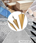 Pro Grade 3 Piece Step Drill Bit Set With Titanium Coated High Speed Steel for drilling wood, aluminum, plastic, and iron.