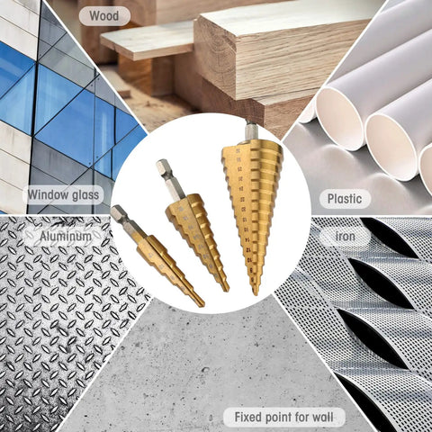 Pro Grade 3 Piece Step Drill Bit Set With Titanium Coated High Speed Steel for drilling wood, aluminum, plastic, and iron.