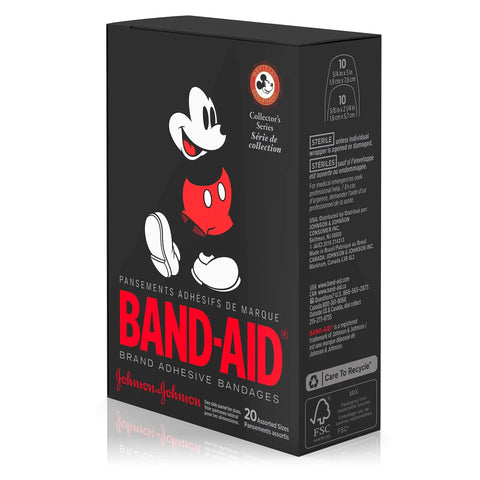 Fun Mickey Mouse Themed Bandage Set For Kids With 20 Count Of Assorted Adhesive Strips Easy On Skin Box with Mickey design