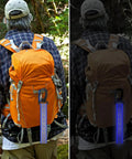 Day and night view of orange backpack with Six Pack Blue Reflective Straps For Backpacks And Gear With Glow In The Dark Visibility.
