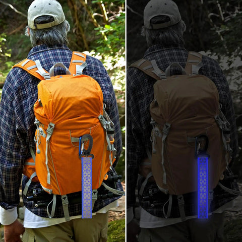 Day and night view of orange backpack with Six Pack Blue Reflective Straps For Backpacks And Gear With Glow In The Dark Visibility.