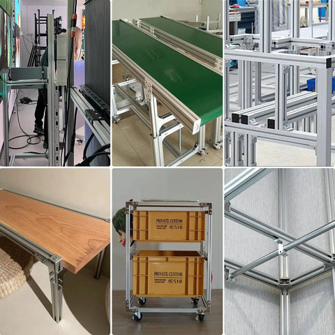 Multiple industrial frames using European standard aluminum extrusion with assorted slot accessories and linear rail hooks.