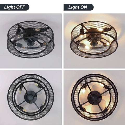 Caged Ceiling Fan With Lights 18 Inch Low Profile Flush Mount With Remote Control Slick Industrial Style for low ceilings shown with lights on and off