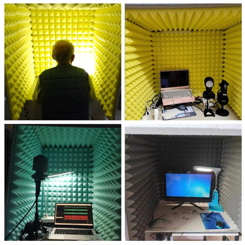 Portable Sound Booth Cube Desktop Mic Isolation Shield Paired With Heavy Duty Foam Panels in yellow and blue configurations.