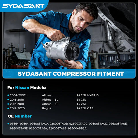 Top Grade AC Compressor Replacement For Nissan Altima And Rogue 2.5L Models 2007 To 2020 Vcs 14Ec Style being held by mechanic.