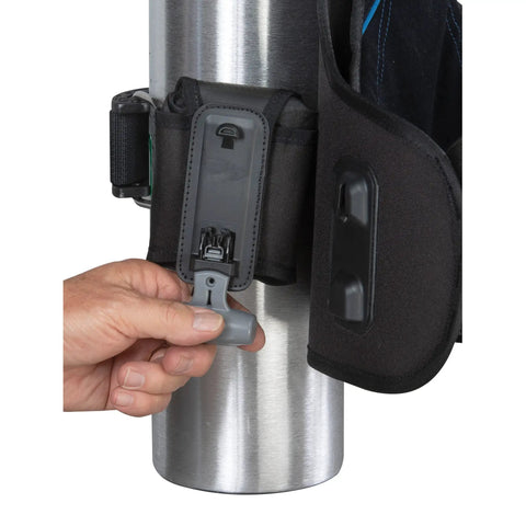 Close-up of Pony Pac Harness For Scuba Cylinders, Comfortable Back Carry, showcasing clip and strap detail on cylinder.