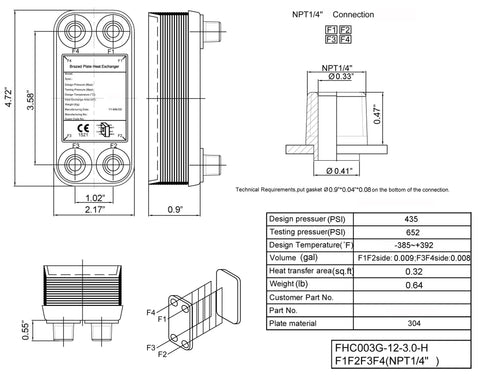Technical drawing of Custom Plate Heat Exchanger 2x5 Inches, 12 Plate Water To Water System with detailed dimensions