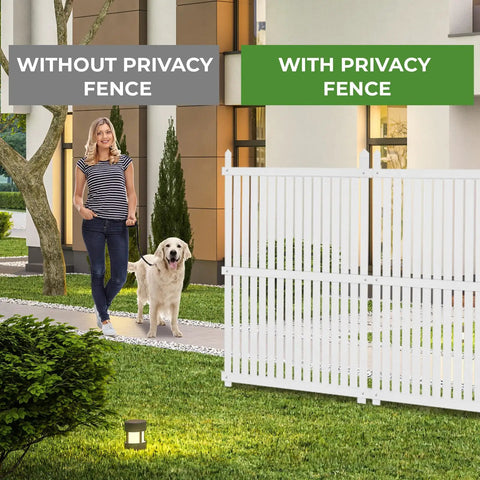 Outdoor Privacy Fence Panels For AC Units And Trash Cans, Two White Vinyl Panels, 48 By 48 Inches, Easy Assembly, side by side comparison.