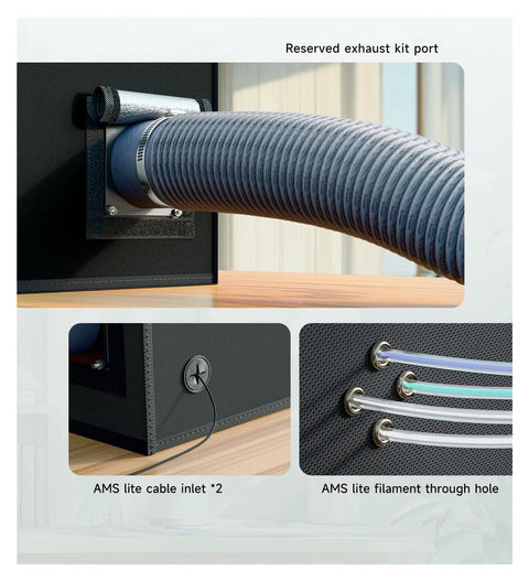 360 Degree 3D Printer Enclosure For Bambu Lab A1 And A1 Mini Fireproof Waterproof Dustproof With Built In LED Light Protective Shield Keeps Your Printer Clean And Protected No Sweat Grey, focusing on exhaust port and AMS cable inlet