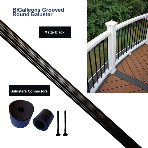 1 Inch Round Deck Balusters 26 Inch Matte Black Aluminum Spindles With Connectors And Screws, Grooved Hollow Balusters For Deck Railing Porch Staircase No Fuss Install, Heavy Duty 36 Pack Outdoor Kit