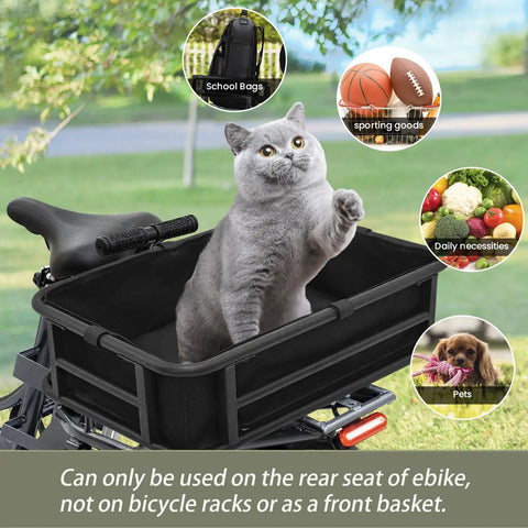 Grey cat sitting in rear Ebike basket large capacity waterproof metal cargo rack for electric bikes with pet illustrations