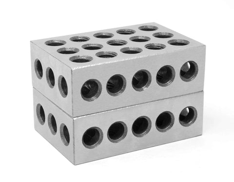 Two-pack steel-hardened precision 123 blocks, 3 x 2 x 1 inches, stacked with through holes.