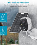 Solar Powered Outdoor Security Camera with Spotlight, 1080P Color Night Vision, shown in rain to demonstrate IP65 weatherproof feature