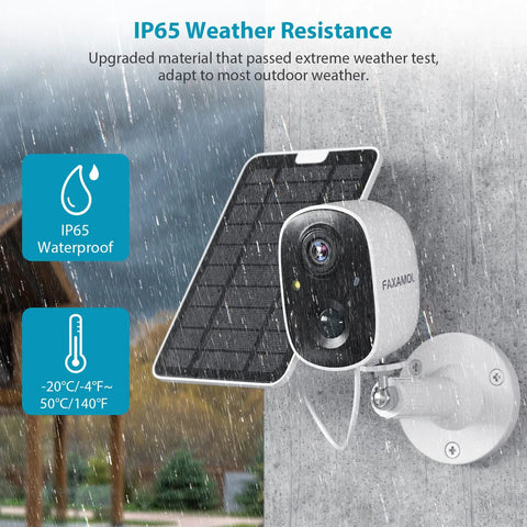 Solar Powered Outdoor Security Camera with Spotlight, 1080P Color Night Vision, shown in rain to demonstrate IP65 weatherproof feature