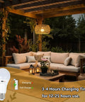Slick Battery Operated Chandelier With Remote, 11.8 Inch Woven Rattan Cordless Pendant Light For Indoor Outdoor Patio And Porch, Rechargeable Boho Ceiling Fixture Built Different hanging under a wooden pergola.