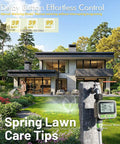 Four Zone Smart Sprinkler Timer With IP65 Waterproof Hose Timer displayed in front of modern house and green lawn.