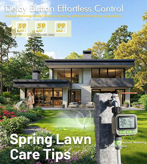 Four Zone Smart Sprinkler Timer With IP65 Waterproof Hose Timer displayed in front of modern house and green lawn.