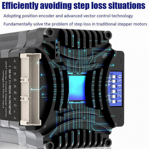 Front angled view of NEMA 23 57mm integrated servo stepper with encoder and driver; blue circuit paths