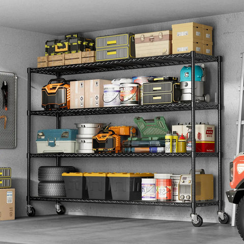 Beefy 60 Inch Wire Shelving With Wheels Heavy Duty Garage Shelving Rack On Casters Adjustable Wire Shelves With Liners Fits 27 Gallon Totes Ideal For Commercial And Warehouse Storage 60 Inch Wide 18 Inch Deep 63 Inch Tall, black in garage