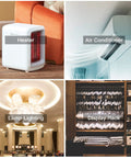 Collage of a white heater, a wall-mounted air conditioner, elegant lamp lighting, and a display rack with folded garments.