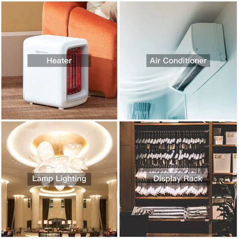 Collage of a white heater, a wall-mounted air conditioner, elegant lamp lighting, and a display rack with folded garments.