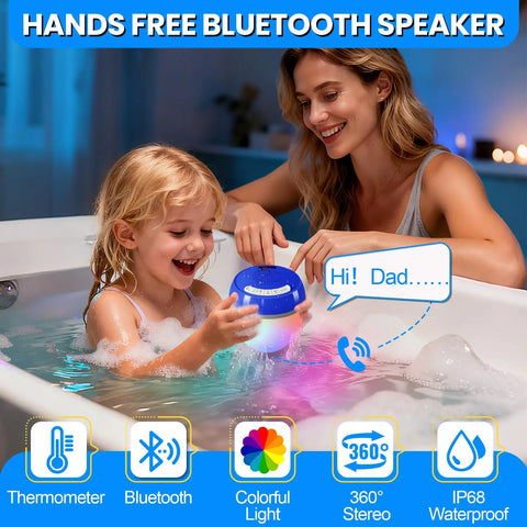 Child holding a 3 In 1 Bluetooth Pool Speaker With Digital Thermometer And Colorful Lights Floating IP68 Waterproof