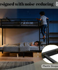 Straight Up Heavy Duty Twin XL Over Twin XL Metal Bunk Bed Built Tough With Secure Guardrails And Industrial Grade Steel For Adults Teens Or Kids Zero Creaking Black Frame Needs No Box Spring with boy climbing and girl sleeping.