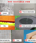 Collage showing surfaces not suitable for TOUSEA sealing caulk tape: uneven grout, oily, or water-permeable materials.