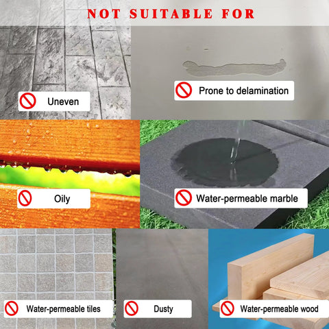 Collage showing surfaces not suitable for TOUSEA sealing caulk tape: uneven grout, oily, or water-permeable materials.