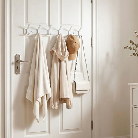 Wall Mounted Coat Rack With Six Heavy Duty Hooks, White Coat Hanger Wall Rack For Coats Jackets Hats And More on door