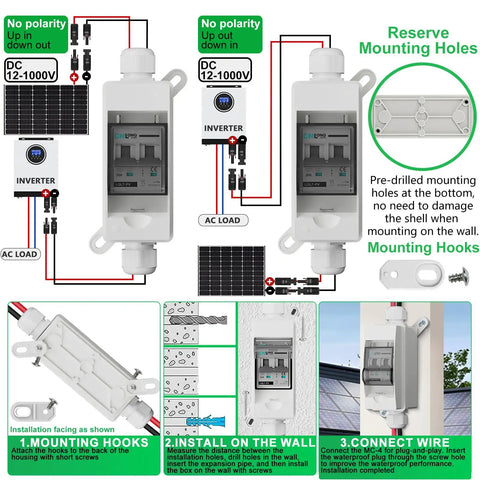 Solar Disconnect Switch 20A 1000V DC 2P Circuit Breaker Box With PV Connector IP65 Outdoor, showing mounting and installation process.